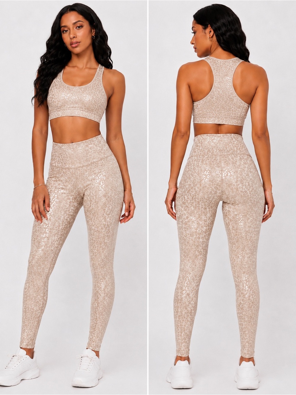 Seamless High-Waist Leggings & Racerback Sports Bra Set - Beige Leopard